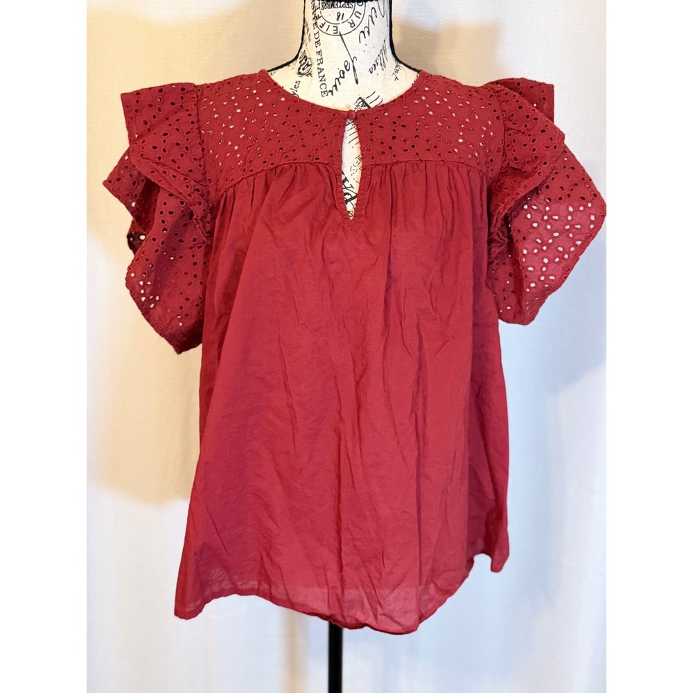 A New Day Blouse Women XL Red Excellent Eyelet Flutter Sleeve Top